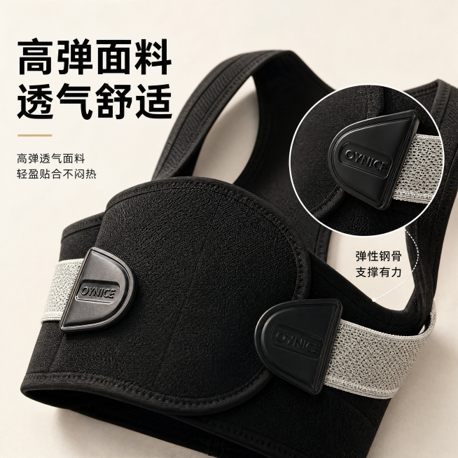[主图-3] 三步挺坐姿矫正器材质细节展示，清新自然风格，微距特写突出面料品质。
[氛围风格] 清新自然，品质感突出
[画质] 商业摄影质感，光线柔和通透，产品细节清晰真实，画面干净高级
[元素] 中预览效果