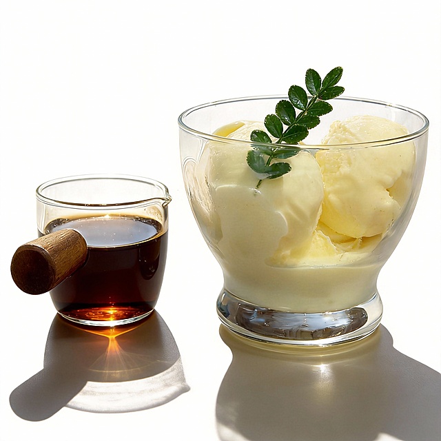 扣出图中的冰淇淋杯跟咖啡杯，并且对产品进行精修，提升整体质感和高级感，强化光影立体感，液体清澈透亮，整体画面明亮通透，避免暗部死黑