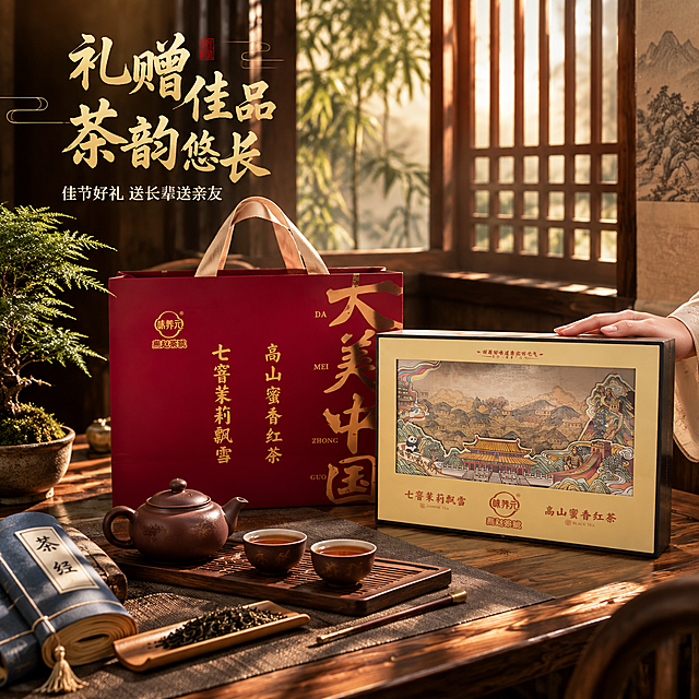 [主图-4] 送礼场景图，新中式茶室环境中展示礼盒送礼氛围。
[统一基调] 国潮轻奢风格，深红与金色为主色调，背景为新中式雅致场景，字体选用粗笔书法体搭配细宋体，标题字色为烫金色，辅助文案为米白色，整体高端大气有送礼仪式感。
[画面] 新中式茶室一角，深色实木茶桌上摆放着大美中国茶叶礼盒套装（手提袋+礼盒），严格参照上传产品图外观。礼盒旁有一套精致茶具：紫砂茶壶、两只品茗杯、茶则、茶针，旁边还有一小盆文竹与一卷古籍。背景是木格栅窗，透过窗可见朦胧竹影，暖黄色光线从窗外洒入。画面有一只中国女性的手（仅手部，东亚面孔特征）正轻轻扶着礼盒侧面，呈现送礼展示的姿态。整体氛围雅致温馨，有浓厚的东方茶文化气息。
[光影质感] 自然暖光从侧方窗格射入，形成柔和的光影条纹，礼盒表面有温暖的反光，茶具温润有光泽，整体氛围静谧高级，有电影感的暖色调。
[配色] 胡桃棕 / 酒红色 / 烫金色 / 竹绿 / 暖米黄；实木 / 纸质礼盒 / 紫砂 / 竹 / 宣纸。
[文字版式] 画面左上角竖排主标题"礼赠佳品 茶韵悠长"，粗笔书法烫金色；下方小字"佳节好礼 送长辈送亲友"，细宋体米白色。文字放在画面左上负空间，不遮挡主体礼盒。
[输出要求] 比例1:1，4K超清，场景自然真实，产品融入环境，文字锐利可读；负向：变形、错字、模糊、杂乱、水印、平台Logo、悬浮、穿模、面部扭曲、手部畸形。