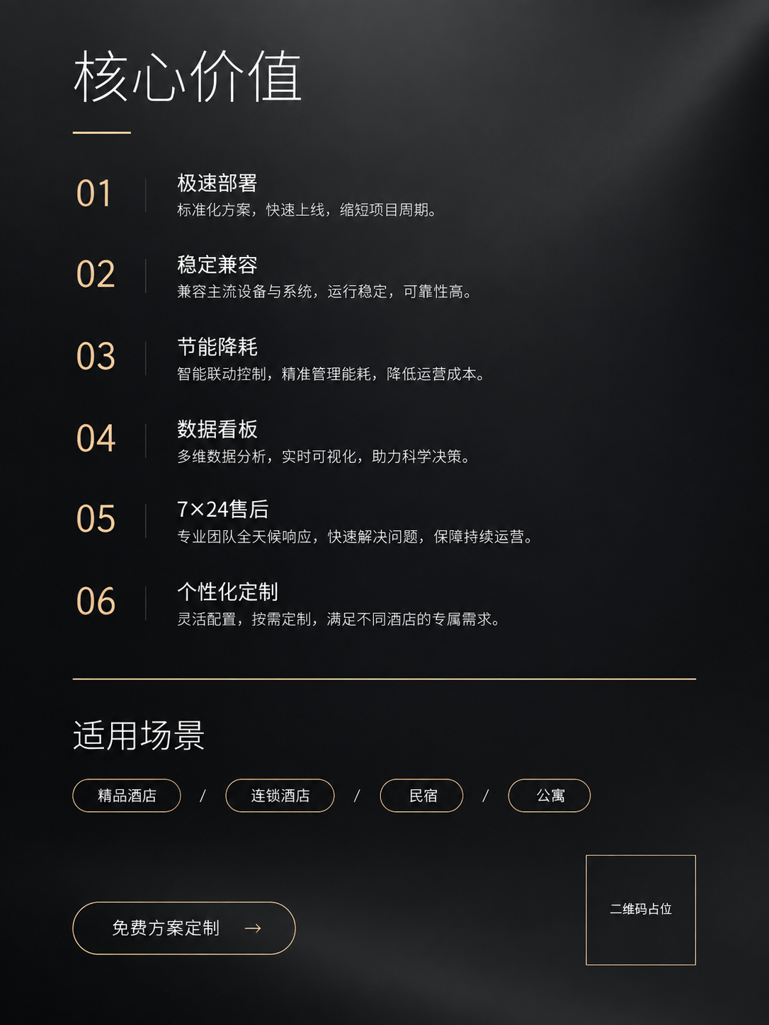 高端极简商务风竖版传单第二页，智慧酒店客控服务商业务卖点页。深… - 图片创意预览