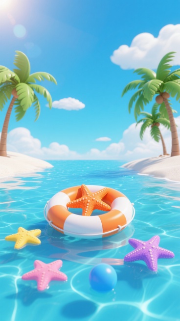 3D渲染风格的夏日海洋场景，清澈透亮的蓝色海水，水面波光粼粼，有清晰的波纹和反光效果，中央漂浮着一个橙白相间的救生圈，救生圈上有一只橙色海星，水中有三只不同颜色的海星（黄色、粉色、紫色）和一个蓝色的小球，左右两侧各有一棵绿色的棕榈树，生长在白色的沙滩上，背景是晴朗的蓝天，点缀着几朵白色的云朵，整体色调明亮清新，充满夏日活力，光影柔和，阳光从左上方照射，营造出温暖欢快的氛围，画面构图平衡，主体突……预览效果