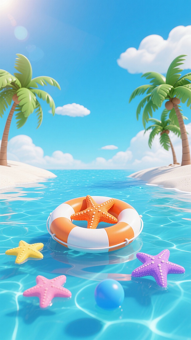 3D渲染风格的夏日海洋场景，清澈透亮的蓝色海水，水面波光粼粼，有清晰的波纹和反光效果，中央漂浮着一个橙白相间的救生圈，救生圈上有一只橙色海星，水中有三只不同颜色的海星（黄色、粉色、紫色）和一个蓝色的小球，左右两侧各有一棵绿色的棕榈树，生长在白色的沙滩上，背景是晴朗的蓝天，点缀着几朵白色的云朵，整体色调明亮清新，充满夏日活力，光影柔和，阳光从左上方照射，营造出温暖欢快的氛围，画面构图平衡，主体突出，细节丰富，具有很强的视觉吸引力。