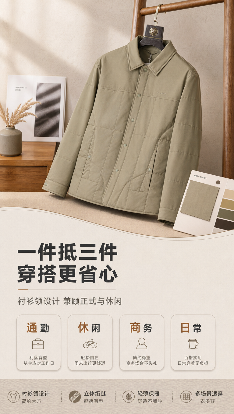 [商品] 使用【图1】卡其色衬衫领轻薄棉服夹克；商品处理：保留… - 图片创意预览