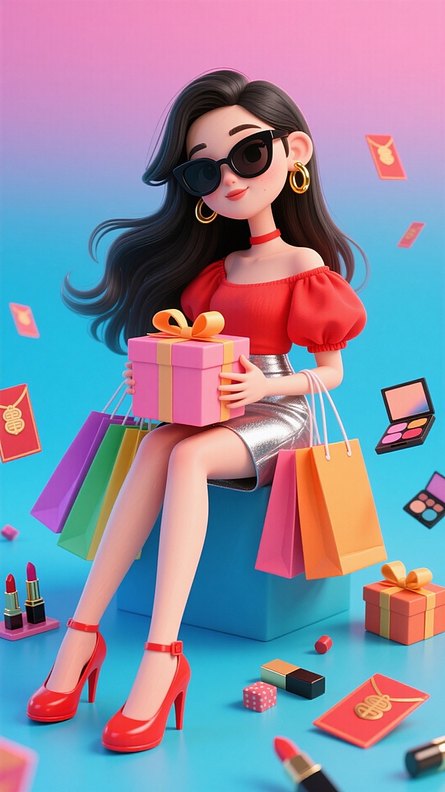 长发女性，戴黑色墨镜、金耳环，穿红色泡泡袖、银色短裙、红色高跟鞋，坐粉橙相间礼盒上，手持多色购物袋。周围散落红包、口红、眼影盘、小礼盒等元素，蓝色渐变背景