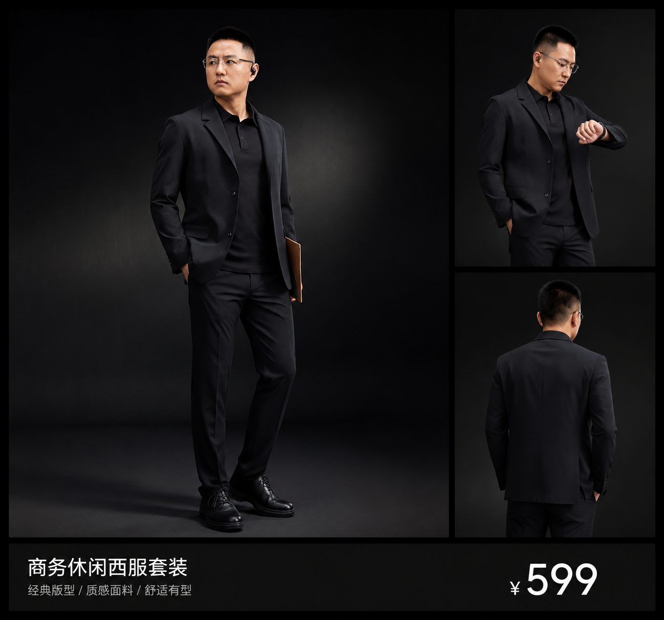 参考图1的版式结构：左侧大图展示模特全身穿着效果，右侧竖排2张… - 图片创意预览