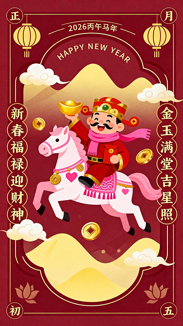 国潮风插画，拟人财神骑马送福，鎏金配色喜庆十足，卡通元素融合传统纹样，新春贺岁氛围浓厚。
