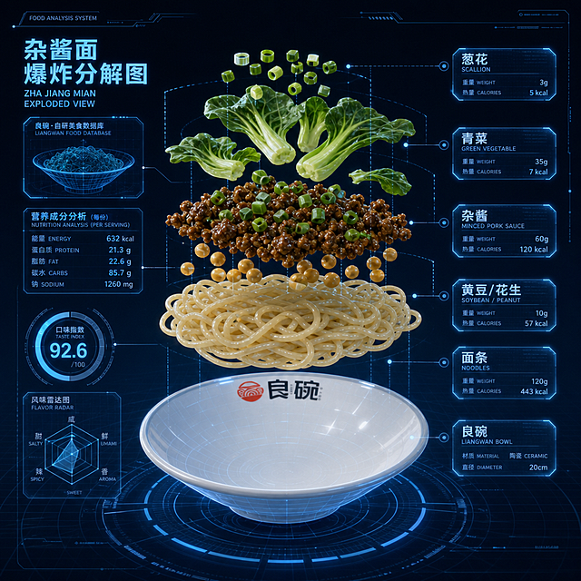 将原图中的杂酱面变成科技可视化的爆炸分解示意图，保留良碗logo、碗和基本食材位置，整体为科技蓝透明数据风格，每个食材组件分解开悬浮展示，带有科技线条和数据标注