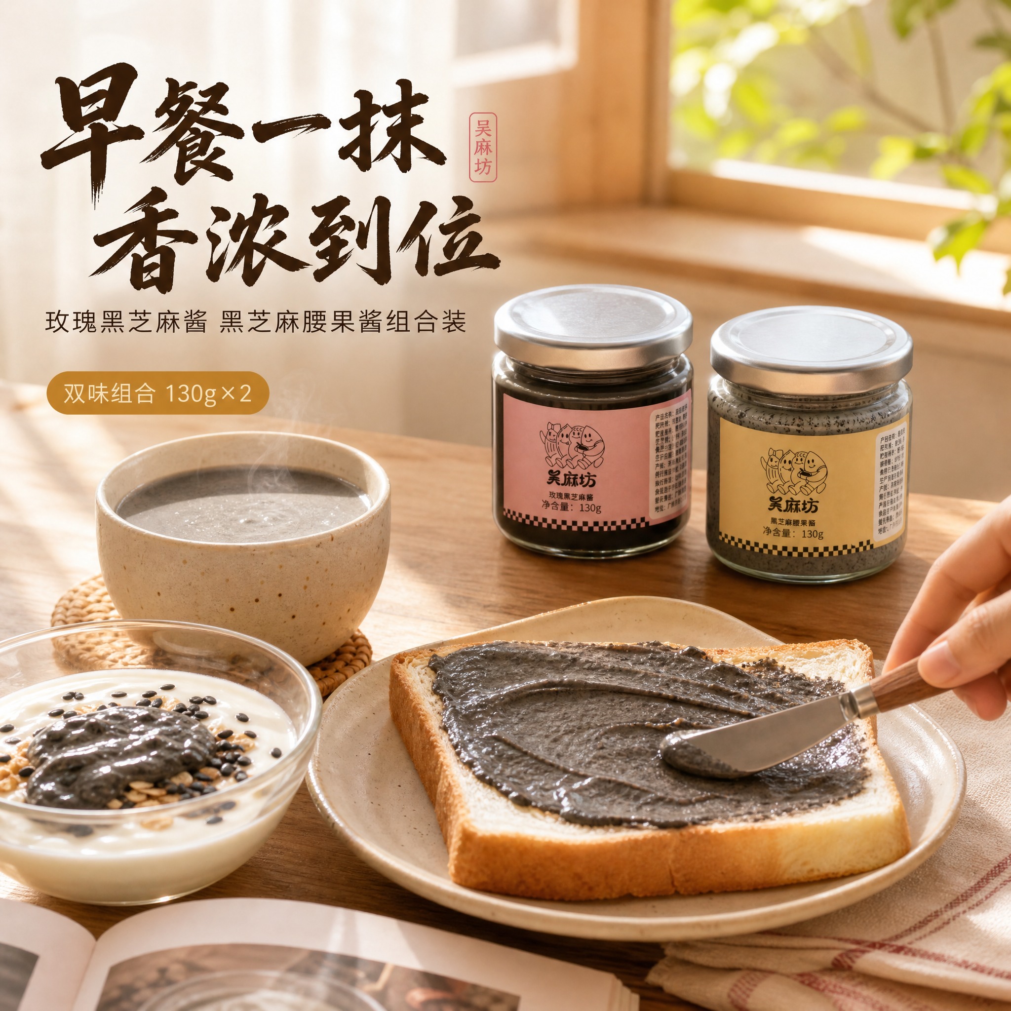 [主图-4] 玫瑰黑芝麻酱、黑芝麻腰果酱组合装——真实早餐使用… - 图片创意预览