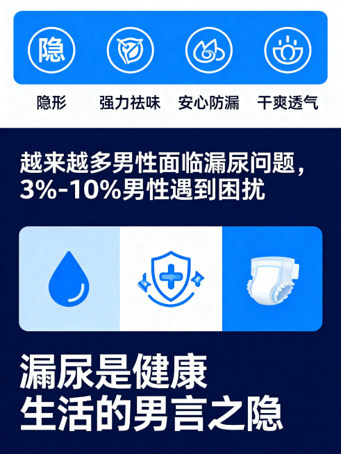 男士漏尿问题科普详情页，保持文字不变：顶部四个特点贴合隐形/强力祛味/安心防漏/干爽透气，中间文字越来越多男性面临漏尿问题，3%-10%男性遇到困扰，底部标语漏尿是健康生活的男言之隐，整体蓝白商务医疗预览效果