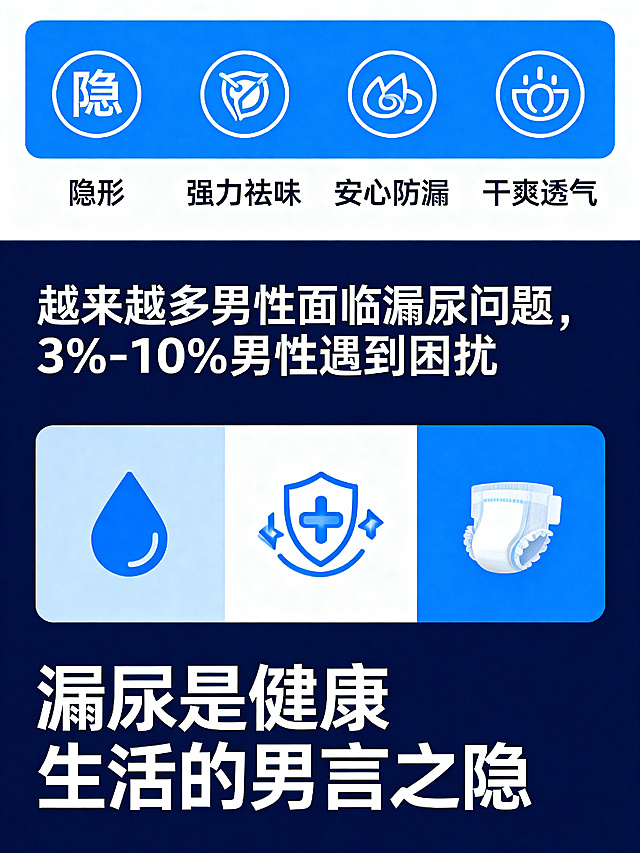 男士漏尿问题科普详情页，保持文字不变：顶部四个特点贴合隐形/强力祛味/安心防漏/干爽透气，中间文字越来越多男性面临漏尿问题，3%-10%男性遇到困扰，底部标语漏尿是健康生活的男言之隐，整体蓝白商务医疗风格，图标简约现代替换原图风格