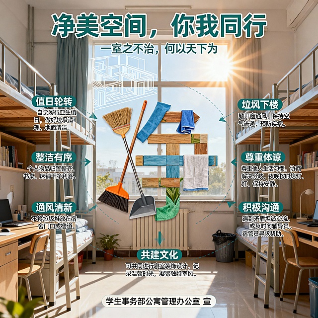 主标题：净美空间，你我同行
这幅海报聚焦寝室卫生的日常保持与集体责任。

副标题：一室之不治，何以天下为
核心画面：海报中央是一个由扫把、抹布、垃圾铲等清洁工具拼合而成的“净”字。背景是阳光洒入的整洁寝室抽象线条图。
具体指引（排列在“净”字周围）：

值日轮转：自觉履行卫生值日，做好垃圾清理、地面清洁。

整洁有序：个人物品归置整齐，书桌、床铺干净利落。

通风清新：勤开窗通风，保持空气流通，预防疾病。

垃圾下楼：不将垃圾堆放在宿舍门口或楼道。

底部落款：学生事务部公寓管理办公室 宣

尊重体谅：尊重他人生活习惯，协商解决分歧，夜晚按时熄灯、保持安静。

积极沟通：遇到矛盾坦诚交流，或及时向辅导员、宿管员寻求帮助。

共建文化：可共同进行寝室装饰设计，记录温馨时光，凝聚独特室风。

底部落款：学生事务部公寓管理办公室 宣