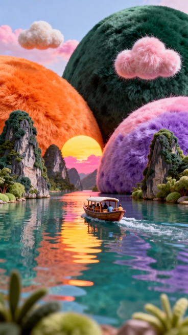 中国桂林山水日落景观，澄澈的江面泛着细碎波光，载着游客的小船悠然驶过，水面倒映着橙黄落日与粉紫云霞，两岸是陡峭奇秀的喀斯特山峰，山体覆盖深绿植被，光影晕染出温柔层次感，宁静治愈的氛围，高清细腻的自然细预览效果