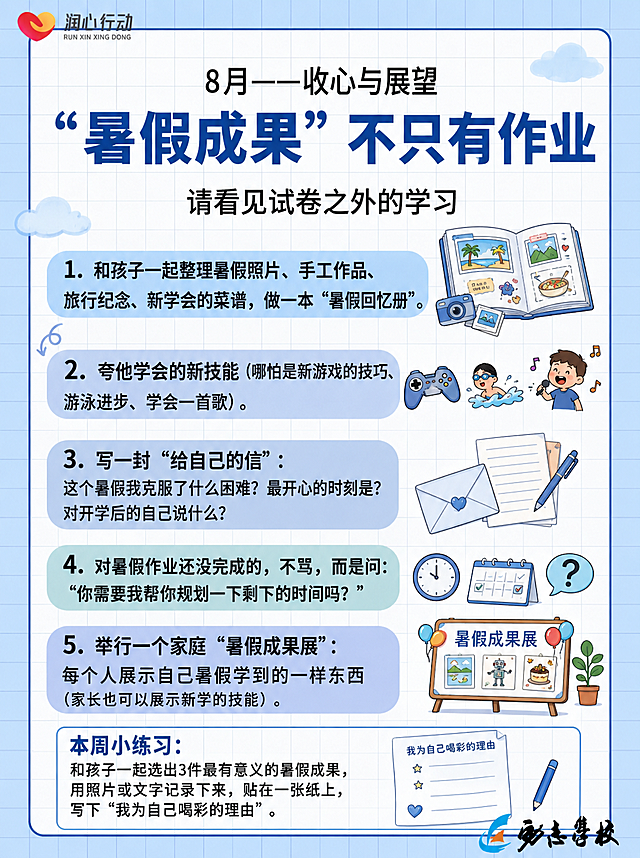 参考参考图布局风格，生成蓝色系家庭教育宣传海报，标题：8月——收心与展望，主标题：“暑假成果”不只有作业，副标题：请看见试卷之外的学习，内容：1. 和孩子一起整理暑假照片、手工作品、旅行纪念、新学会的菜谱，做一本“暑假回忆册”。2. 夸他学会的新技能（哪怕是新游戏的技巧、游泳进步、学会一首歌）。3. 写一封“给自己的信”：这个暑假我克服了什么困难？最开心的时刻是？对开学后的自己说什么？4. 对暑假作业还没完成的，不骂，而是问：“你需要我帮你规划一下剩下的时间吗？”5. 举行一个家庭“暑假成果展”：每个人展示自己暑假学到的一样东西（家长也可以展示新学的技能）。整体整体为蓝色系，保留网格背景风格，图文排版和参考图一致。