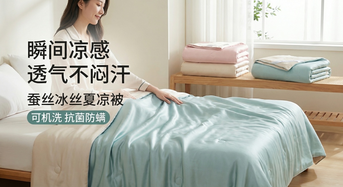 蚕丝冰丝夏凉被商品主图，冷感面料，瞬间凉感，透气不闷汗，轻薄柔软，可机洗，抗菌防螨，简约纯色，轻奢卧室风格，自然光，高清质感，展现人物体验的唯美质感，体现科技分析和柔润瞬凉，适配淘宝和抖音平台，参考图预览效果