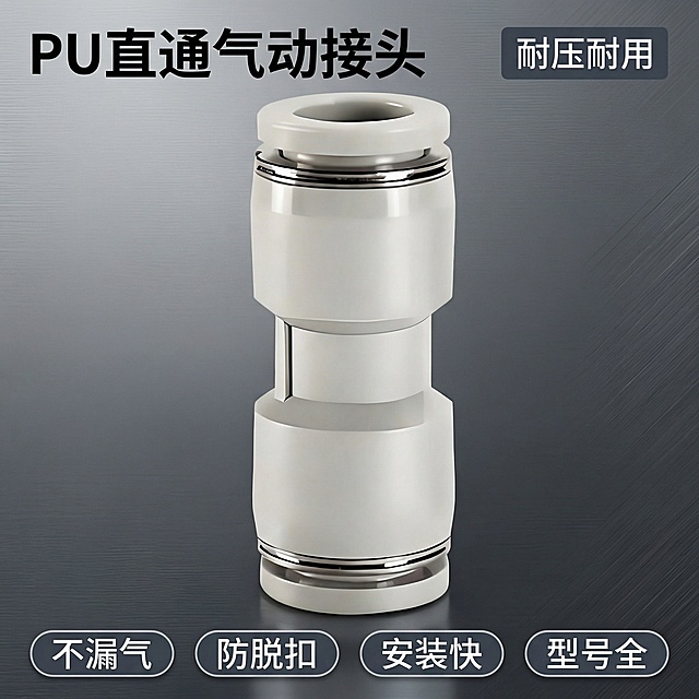 [垫图] https://gdesign-dam-hz.dancf.com/35964862807787566/007175f61b964a4cb0eedf85d7aebe58.png
[主图主题] 气动元件PU直通工业配件首图
[氛围/风格] 简约工业风格，冷硬金属光影，专业品质感
[画面元素] 白色PU直通接头居中展示，产品外观须与原图100%一致，主体占比约60%，背景为渐变深灰色工业风，带细微金属纹理，硬光突出产品质感，背景铺满全屏无边框。
[配色色系] 主色调：深灰工业背景；辅助色：产品白色、银色金属点缀
[视角构图] 正面平视拍摄，景深适中，产品清晰突出
[文字版式] 主标题 “PU直通气动接头”，字体加粗黑色无衬线体，位于画面左上角；右上角深灰底白字标签 “耐压耐用”；底部四个圆角胶囊框横向排列卖点：“不漏气 防脱扣 安装快 型号全”，白字深灰边，整体平衡，文字不遮挡产品主体。
[比例分辨率] 2k 分辨率