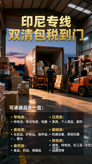 写实风格海报，现代化仓库内部场景，傍晚光线，一名工人背对镜头正在将货物装入集装箱，只能看到背影，周围堆满各式货物，叉车在旁，真实的光影效果，超高清，画面叠加精美的艺术字排版，所有文字清晰可读，无错别字预览效果