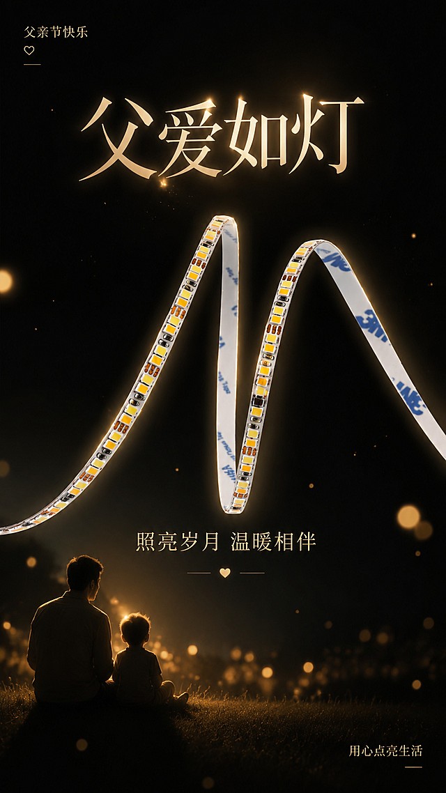 黑色背景的手机海报，父亲节主题，温馨感人氛围。画面中央是LED灯带产品（100%还原上传图：白色柔性灯带，带3M胶背胶，LED灯珠呈黄白交替排列），灯带呈优雅S形弯曲悬浮于画面中，周围有柔和光晕与星点光斑营造‘父爱如灯’意境。主标题‘父爱如灯’居上，副标题‘照亮岁月 温暖相伴’居中偏下，装饰文案‘父亲节快乐’‘用心点亮生活’以小字点缀在角落。整体风格现代简约、科技感与温情并存，4K超清，商业摄影质感，景深适中，产品清晰突出，文字清晰可读。