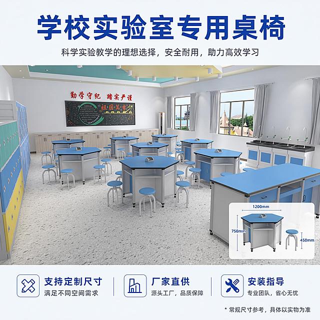 [主图-5] 产品规格与服务说明。[氛围风格] 清晰直观传递产品信息，增强购买信任。[画质] 商业摄影质感、光线柔和通透、产品清晰真实、画面干净高级。[元素] 顶部主标题展示，中部全景展示整套六边形桌椅组合在实验室场景中，右下角叠加尺寸线标注整体尺寸，左下角展示三个核心服务卖点。保持产品外观与输入图片绝对一致，杜绝任何变形和色差，精细化处理。画面满屏无边框。[光影] 均匀明亮室内光照，整体层次清晰，信息展示清楚。[配色] 延续产品原有浅蓝灰白配色，信息文字对比清晰。[视角构图] 上部标题，中部产品展示，底部卖点，整体构图均衡稳定。[文字版式] 顶部主标题大字写"学校实验室专用桌椅"，底部通栏排列三个核心卖点：「支持定制尺寸」「厂家直供」「安装指导」，每个卖点搭配图标，文字简洁清晰。右下角温馨提示标注常规尺寸参考。[输出要求] 1:1 比例，文字清晰可辨，超高清商业摄影质感。[负向提示词] 变形，文字错乱，产品图模糊，背景杂乱，水印，电商平台Logo。