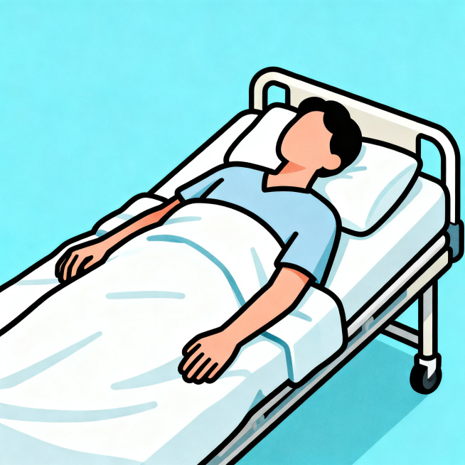 可爱简洁的动漫icon，描绘一个病人躺在病床上，风格参考示例图的简约扁平化卡通，线条简单，适合用作科普海报文字配图，不需要添加文字，整体干净清晰预览效果