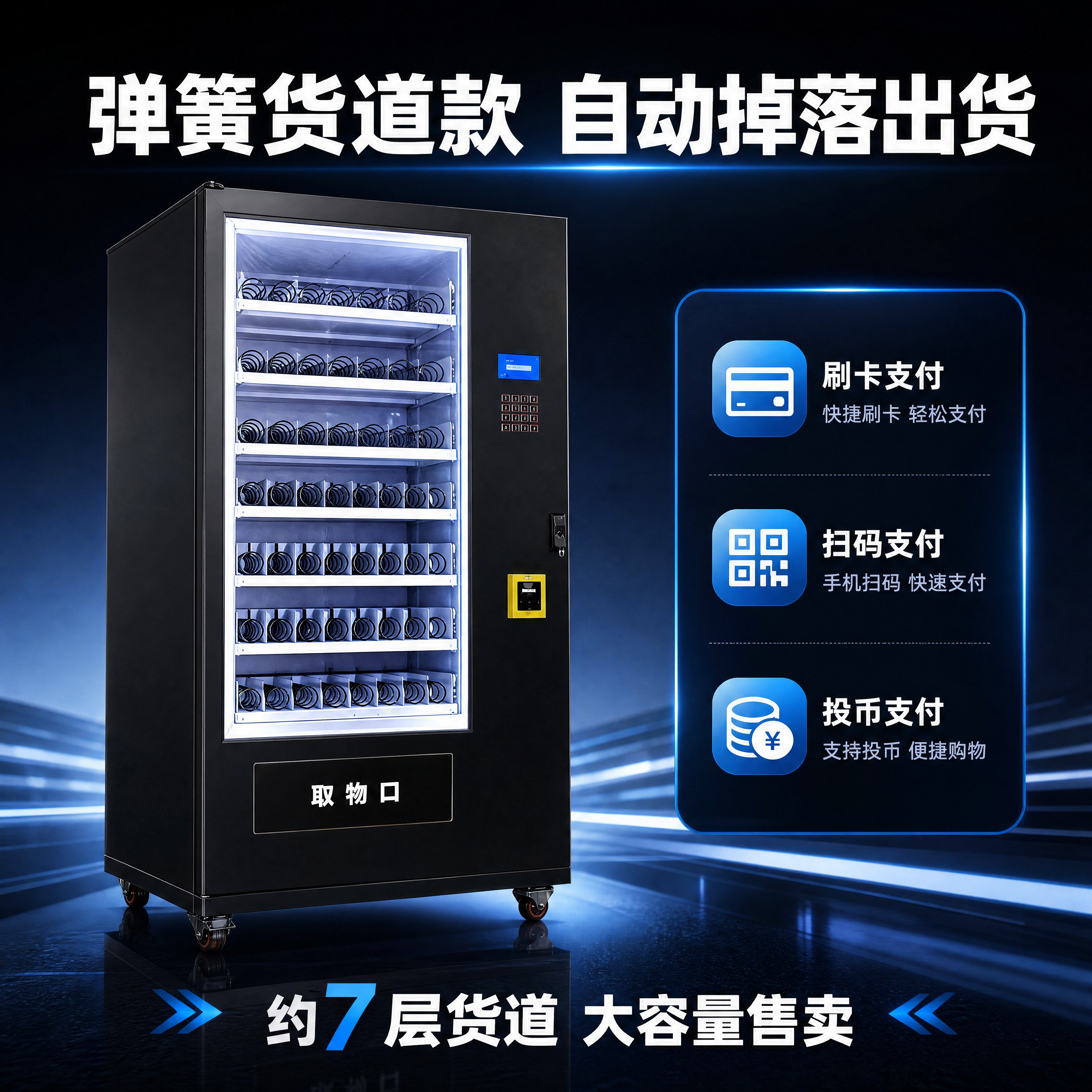 [商品] 使用【图1】弹簧货道款智能自动售货机；保留黑色机身、… - 图片创意预览