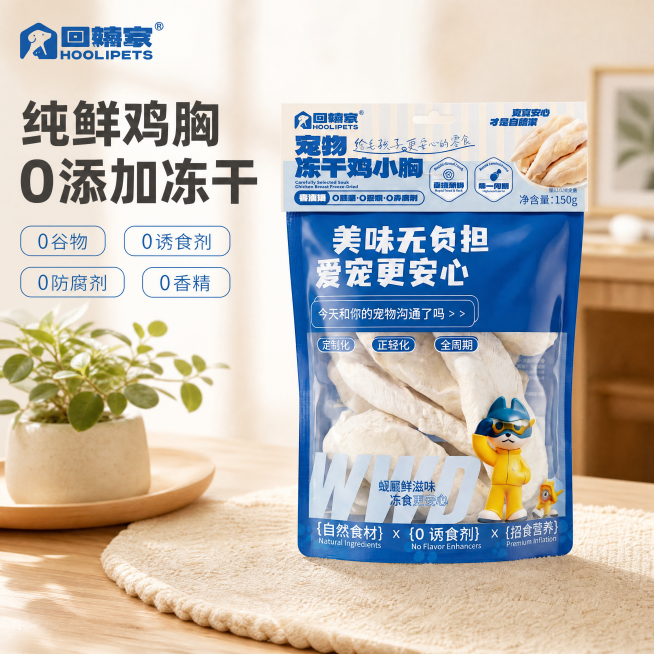 [主图-1] 宠物冻干鸡胸肉产品首图，展示包装整体
[氛围风格] 家居治愈风，温馨干净
[画质] 商业摄影质感、光线柔和通透、产品清晰真实、画面干净高级
[元素] 保持宠物冻干鸡胸肉包装袋外观、颜色、预览效果