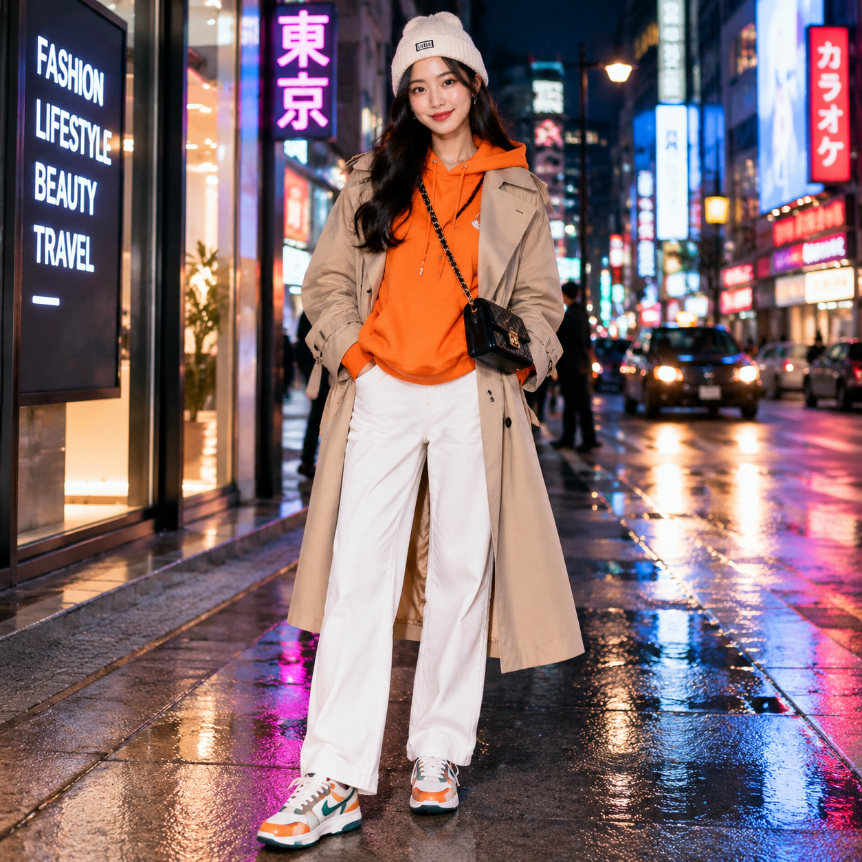 亚洲年轻女性时尚模特，约25岁，黑色长发，妆容精致自然，身穿潮… - 图片创意预览