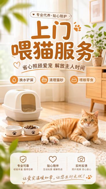 温馨治愈生活化风格上门喂猫服务宣传海报，写实商业摄影，画面中心为大标题，主标题文字"上门喂猫服务"，副标题文字"省心照顾爱宠 解放主人时间"，装饰文字"专业代养·贴心陪护"，卖点文字分别是"换水铲屎"预览效果