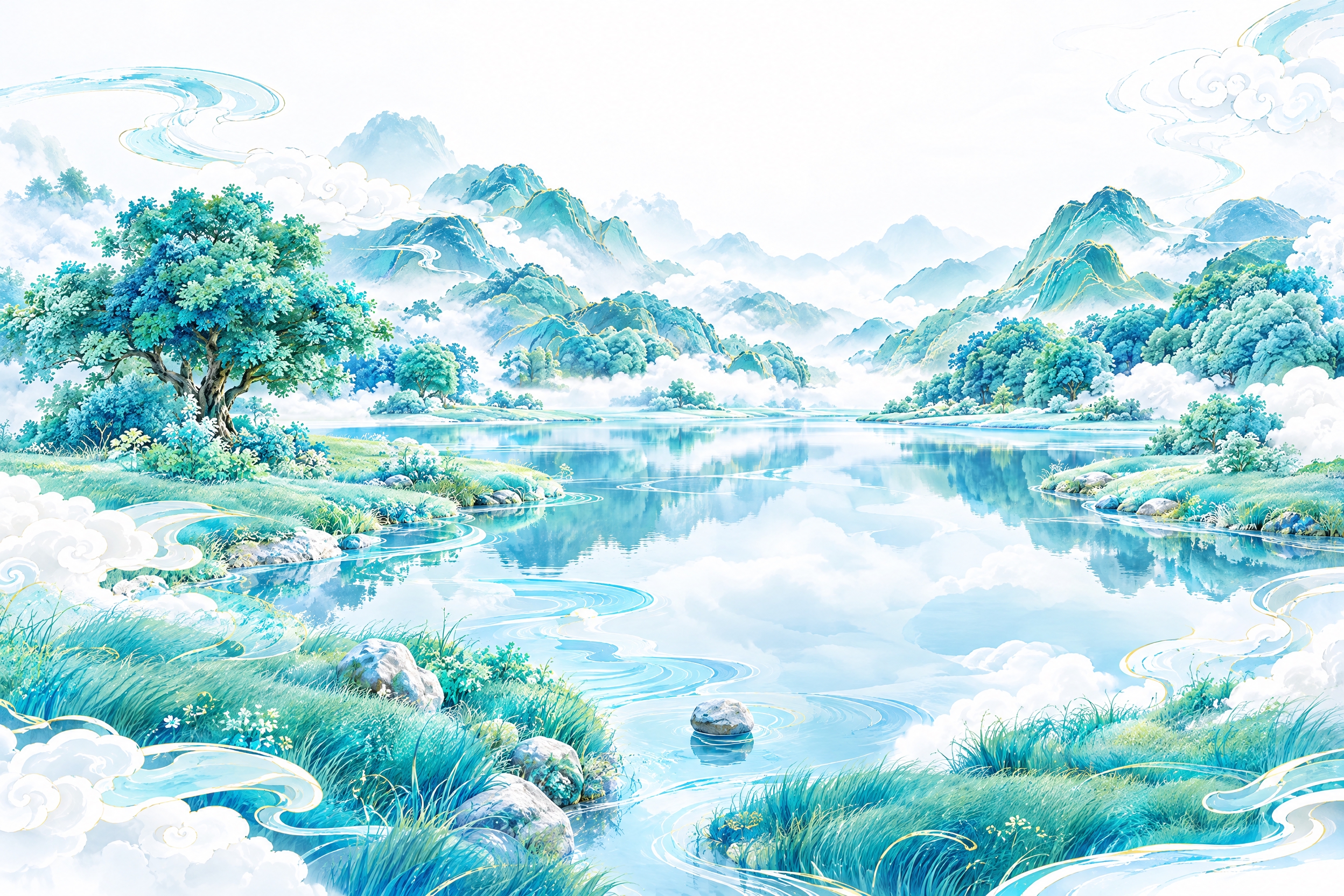 将这张自然风景照片转换为第二张参考图的国潮新中式水墨3D插画风… - 图片创意预览