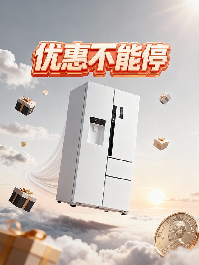 3D重拟物风冰箱悬浮于云海，鎏金金币与礼盒环绕，超现实主义场景融合金属质感，强化促销氛围，传递节日优惠不停歇的视觉冲击。