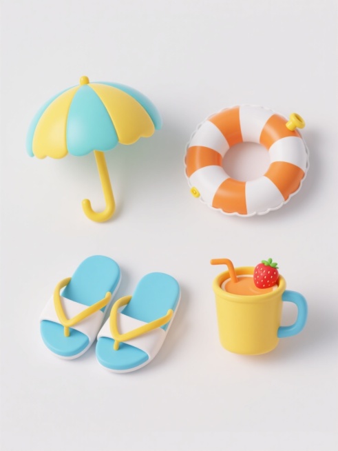 一套4个夏日海滩元素的系列图标，每个图标均采用平滑圆润的卡通3D风格，色彩明快鲜亮，包含黄色、浅蓝色、浅绿色等马卡龙色调，具有简洁的形态和均匀的光影效果，元素分别为：1. 黄色伞柄、蓝黄相间伞面的海滩遮阳伞；2. 橙白相间条纹、带有黄色充气阀的游泳圈；3. 蓝色鞋底、白色鞋面、黄色鞋带的沙滩拖鞋；4. 黄色杯身、蓝色杯柄、装有橙色饮料和红色草莓装饰的沙滩杯，所有元素均独立放置在纯白色纯色背景上……预览效果