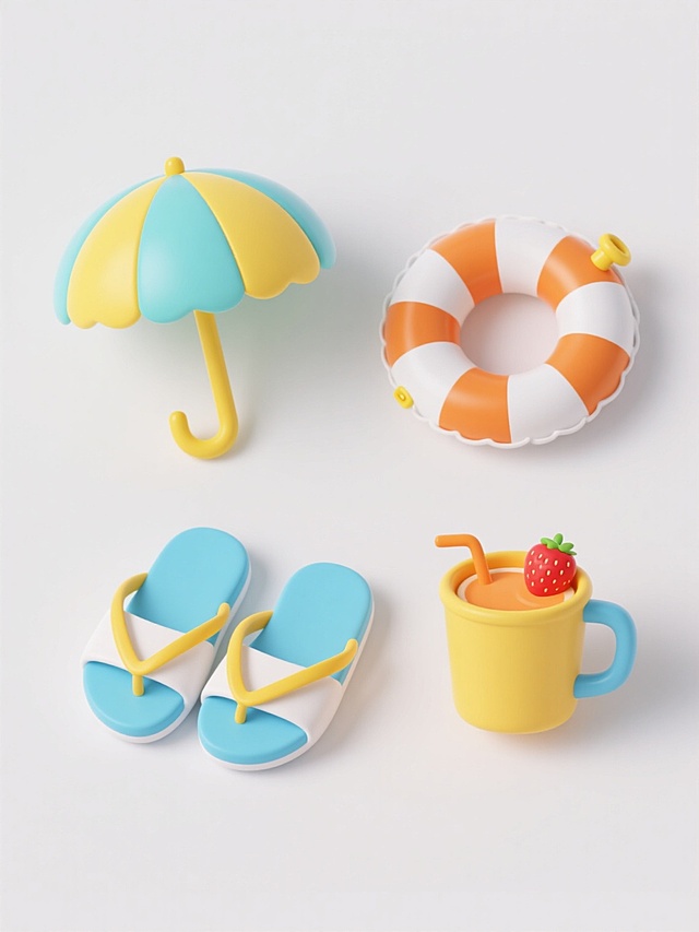 一套4个夏日海滩元素的系列图标，每个图标均采用平滑圆润的卡通3D风格，色彩明快鲜亮，包含黄色、浅蓝色、浅绿色等马卡龙色调，具有简洁的形态和均匀的光影效果，元素分别为：1. 黄色伞柄、蓝黄相间伞面的海滩遮阳伞；2. 橙白相间条纹、带有黄色充气阀的游泳圈；3. 蓝色鞋底、白色鞋面、黄色鞋带的沙滩拖鞋；4. 黄色杯身、蓝色杯柄、装有橙色饮料和红色草莓装饰的沙滩杯，所有元素均独立放置在纯白色纯色背景上，呈规整的2x2网格排布，整体设计风格统一，充满夏日度假氛围。
