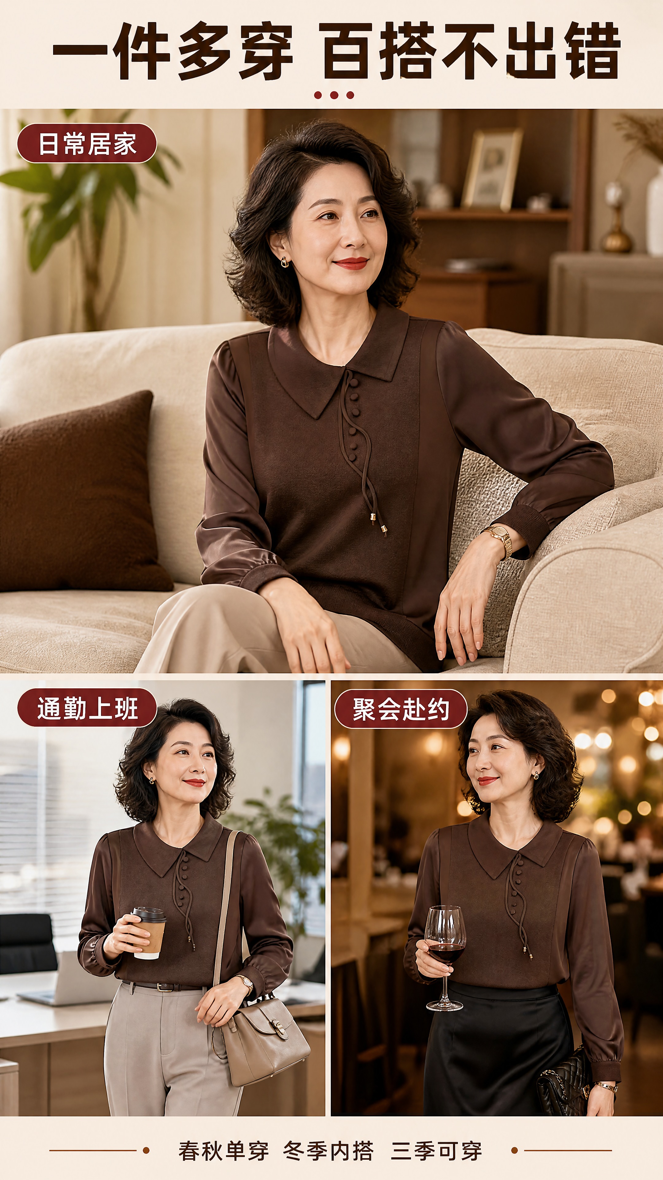 [商品] 使用【图1】咖啡色不规则翻领拼接长袖针织上衣；商品处… - 图片创意预览