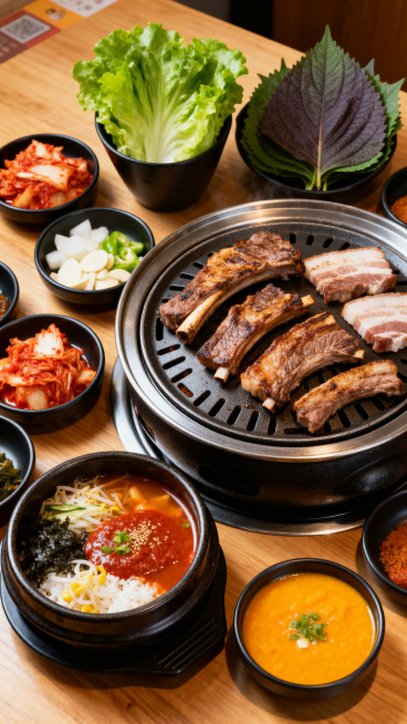 韩式烤肉餐品图，烤盘上摆放着烤好的五花肉和牛肋条，周围搭配泡菜、生菜、石锅拌饭、大酱汤、苏子叶、南瓜粥等丰富韩餐配菜，摆盘整齐，暖调光线，4K高清美食实拍预览效果