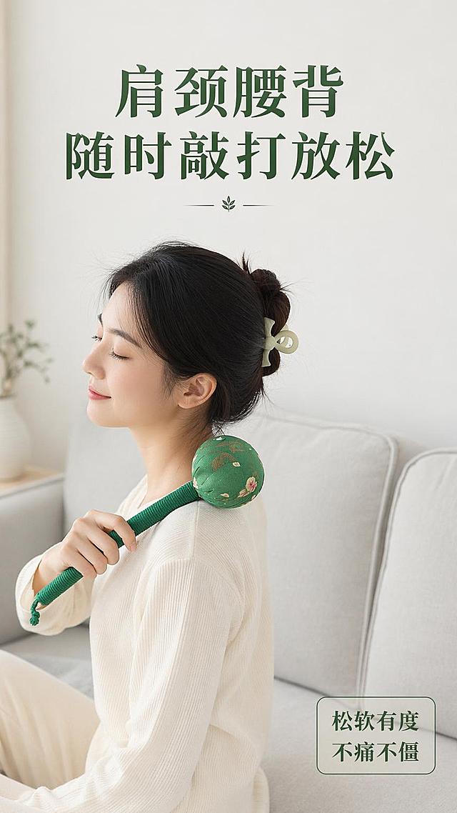 [第6屏] 真人使用展示，亚洲女性手持艾草锤按摩肩颈。本屏使用【图1】作为商品主体。
[氛围/风格] 真实居家场景，温馨自然，突出放松舒适的使用体验
[元素布局] 中景构图，人物坐在沙发上，侧身展示手持艾草锤敲打肩颈，产品位于人物肩颈旁，占画面约40%，背景为浅灰色简约沙发，保留产品原有绿色碎花外观
[光影质感] 柔和室内自然光，从侧面打光，人物和产品清晰自然，阴影柔和
[配色色系] 全局背景 #F5F5F0，主色产品绿色，人物衣着浅色系，整体温馨柔和
[视角构图] 中景侧面视角，展示完整使用动作，自然不刻意
[文字版式] 顶部主标题「肩颈腰背 随时敲打放松」，右下角小字标注「松软有度 不痛不僵」，文字不遮挡产品和人物动作，清晰可读
[比例分辨率] 9:16 竖版比例，1K分辨率，文字清晰可辨，高清画质
[负向提示词] 产品变形，颜色偏差，人物姿势怪异，文字遮挡产品