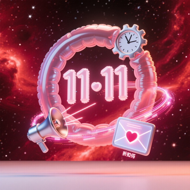 主体是发光半透明的“11·11”全息数字投影，带有科技光环。数字周围悬浮着金属喇叭、齿轮时钟、电子屏幕信封、能量核心爱心、流光数据流和激光投影的折扣码。前景干净，背景是深邃的暗红色星云，点缀着细小星辰预览效果