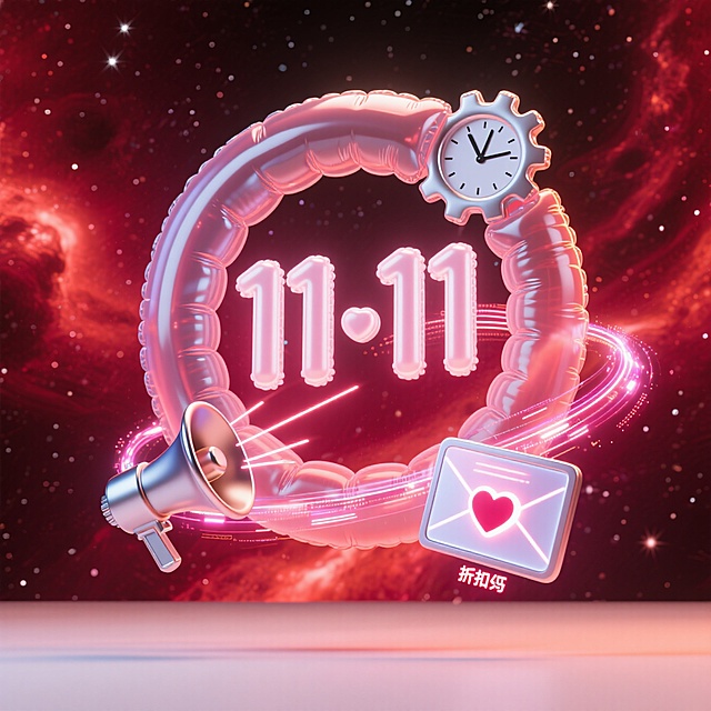 主体是发光半透明的“11·11”全息数字投影，带有科技光环。数字周围悬浮着金属喇叭、齿轮时钟、电子屏幕信封、能量核心爱心、流光数据流和激光投影的折扣码。前景干净，背景是深邃的暗红色星云，点缀着细小星辰。