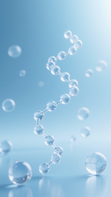 超高清3D渲染的分子结构插画，整体采用纯净的蓝白色调，光线从画面右上方柔和洒落，形成明亮的高光和细腻的阴影层次，营造出通透、科技感与未来感兼具的氛围。画面中央是一组螺旋上升的分子链结构，分子链由透明且带有光泽的球形节点通过纤细的连接杆有序连接而成，节点表面有清晰的反光细节，呈现出类似水晶或玻璃的半透明质感。周围漂浮着多个大小不一的透明球体，部分球体内部有简约的几何结构。背景为渐变的浅蓝色，带有……预览效果