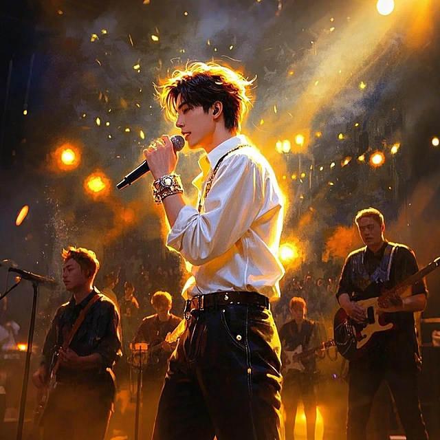 一个亚洲偶像歌手在舞台表演，白色上衣，华丽的装扮，舞台灯光