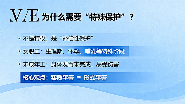 一张PPT内页，标题是"⚖️ 为什么需要“特殊保护”？"，内容：不是特权，是“补偿性保护”；女职工：生理期、怀孕、哺乳等特殊阶段；未成年工：身体发育未完成，易受伤害；核心观点：实质平等 ≠ 形式平等。正式简洁法律课件风格，蓝色调，排版清晰，保持整体统一风格