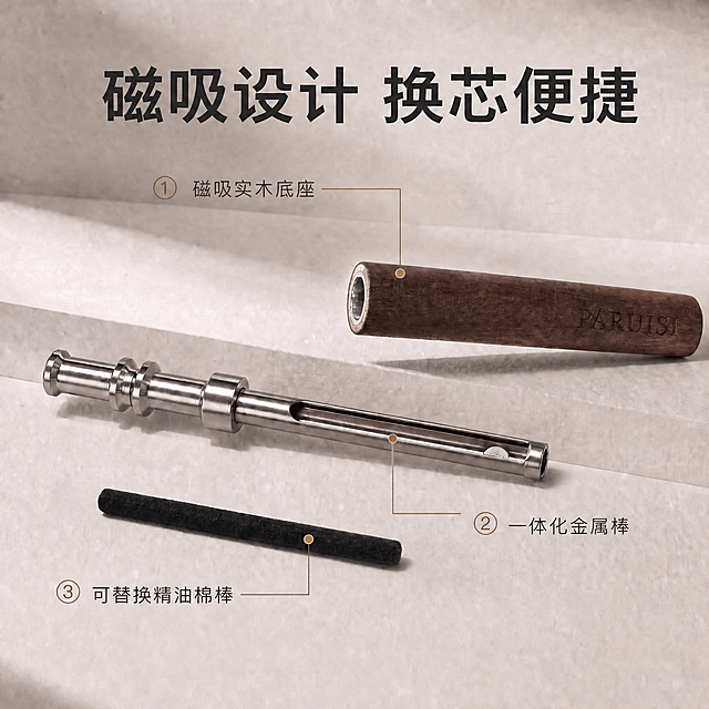 【PARUISI精油嗅吸棒 - 主图第4张 细节图（加金属内衬）】1:1方图。

在参考图的基础上，只给实木底座（磁吸木质上盖）的内壁加一圈金属内衬，其他所有内容完全不变。

修正：实木底座是空心有孔的，内壁有一圈金属内衬（银色/金属色的一圈），从顶部看下去能看到金属内壁的光泽。参考图2的细节。

其他所有内容（棉棒、金属棒、背景、文字、标注、布局）完全不变。

1:1方图，2K高清锐利。
负向：其他内容改变，文字改变，布局改变，模糊。