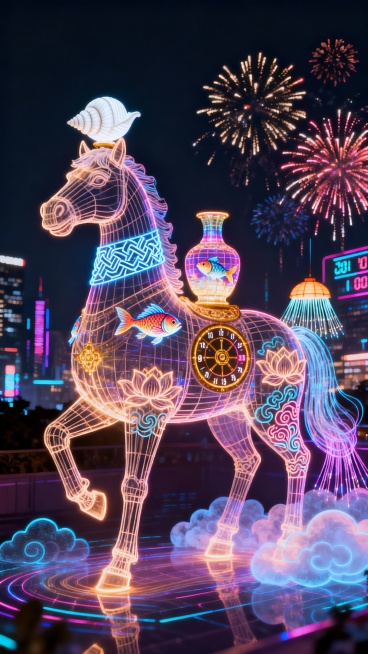 Cyberpunk neon interpretation,
Glowing horse made of light lines,
Each part represents one treasure预览效果