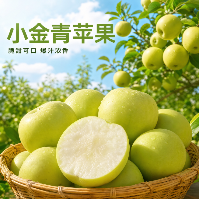 [主图-1] 小金青苹果果园新鲜采摘首图。
[氛围风格] 新鲜自然果园风，突出食欲感
[画质] 商业摄影质感、自然暖阳逆光、光线柔和通透、产品清晰真实、画面干净高级
[元素] 画面主体是青苹果，展示挂预览效果