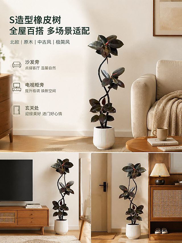 电商主图，S造型橡皮树在不同家居场景展示，沙发旁、电视柜、玄关都摆放适配，展示全屋百搭多场景适配，适配北欧原木中古风极简装修风格，整体简约高级，突出产品，3:4比例