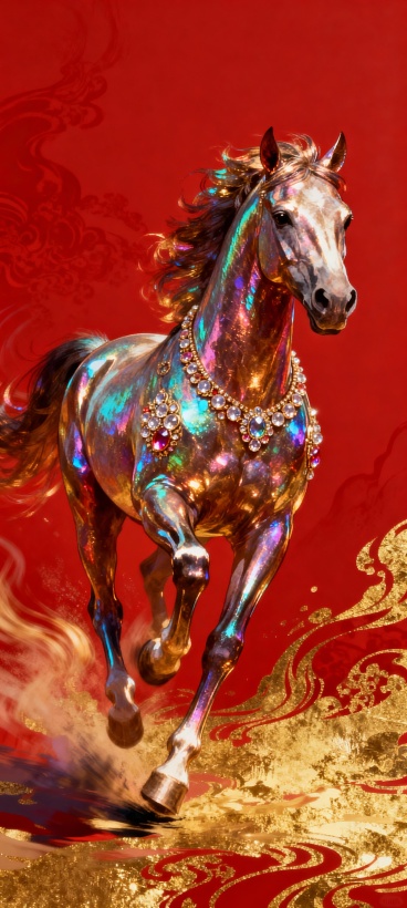 画面以奔腾骏马为主，马身有幻彩光泽、珠宝质感，马腿与背景融入了鎏金纹理，底色是浓郁的正红色预览效果