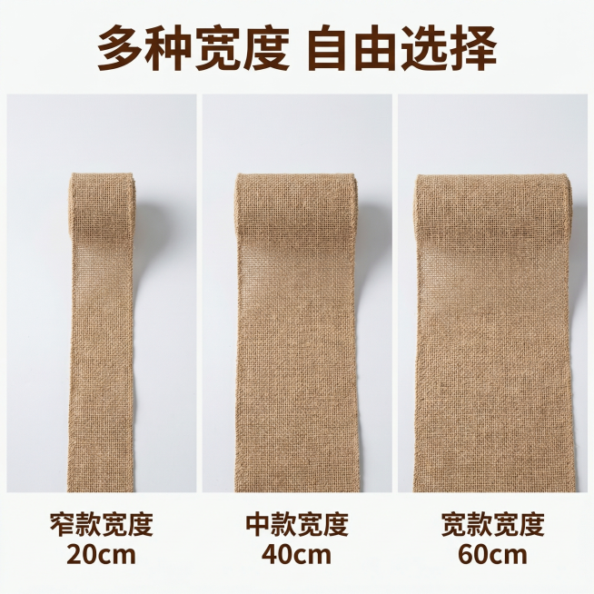 [主图 4] 多种宽度规格对比展示
[氛围风格] 直观对比清晰展示，实用性风格
[画面元素] 商业摄影质感、光线柔和通透、产品清晰真实、画面干净高级。拼图形式展示三卷不同宽度麻布铺开的对比效果，左侧窄预览效果