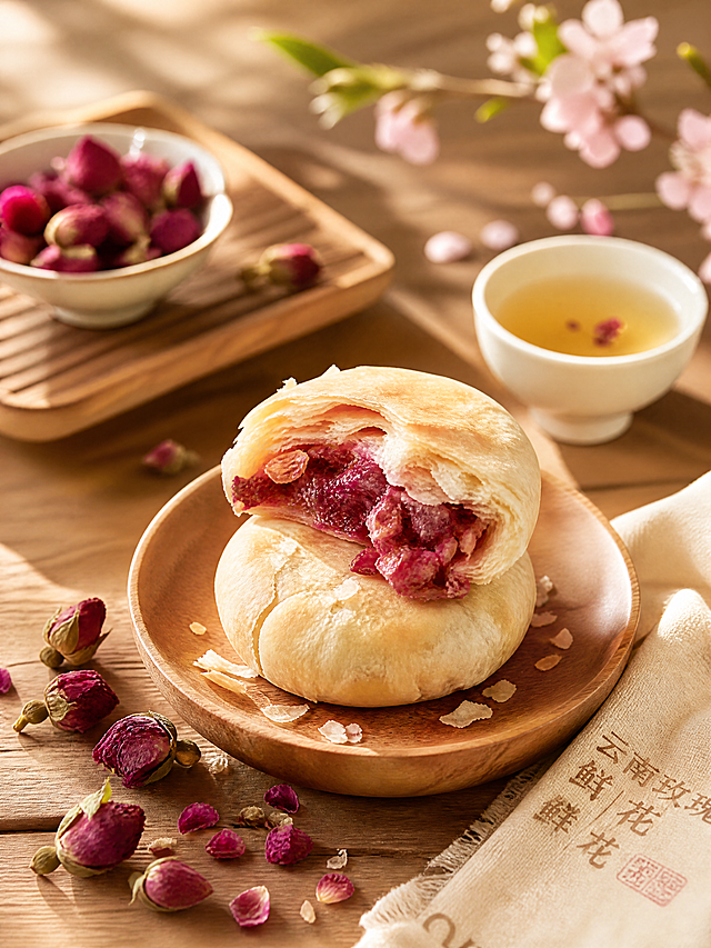 云南玫瑰鲜花饼美食摄影，酥皮层层裂开露出内馅玫瑰花瓣，放在木质桌面，旁边搭配干玫瑰花和一杯清茶，暖光，清新治愈氛围，春日温柔质感，画面干净高级