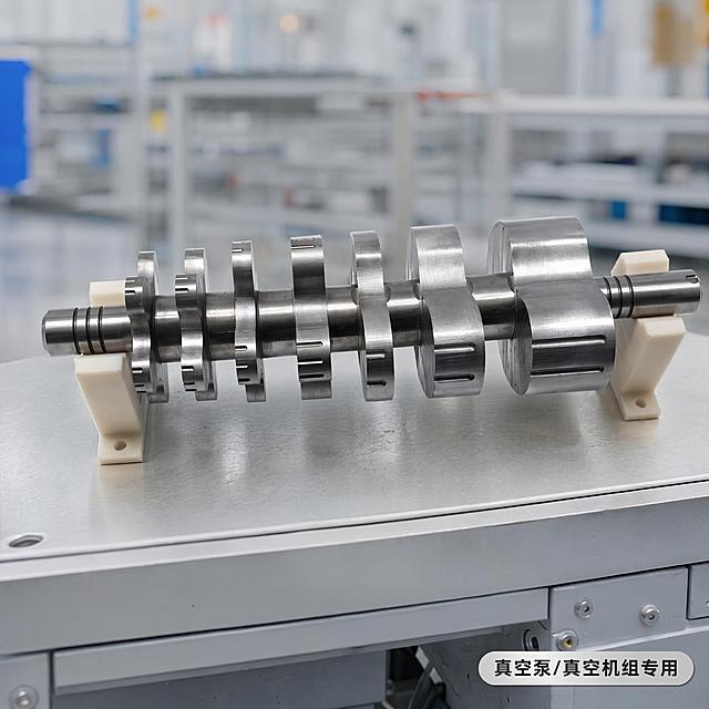 [主图-4] 多级罗茨转子应用场景展示；[氛围风格] 真实专业工业应用；[画质] 超高清商业摄影，场景清晰；[元素] 保持多级罗茨转子本体与输入产品图外观材质完全一致，放置在工厂装配平台，简单干净装配环境，背景虚化，右下角胶囊标签写“真空泵/真空机组专用”。主体产品占比60%，场景衬托不抢焦点；[光影] 明亮工厂环境光，金属质感真实自然；[配色] 工业浅灰调，转子不锈钢银灰色突出；[视角构图] 场景斜侧摆放，主体突出，景深层次；[文字版式] 右下角简洁标签，不遮挡主体；[输出要求] 1:1比例，文字清晰，超高清；[负向提示词] 变形，遮挡主体，文字错乱，杂乱背景，水印