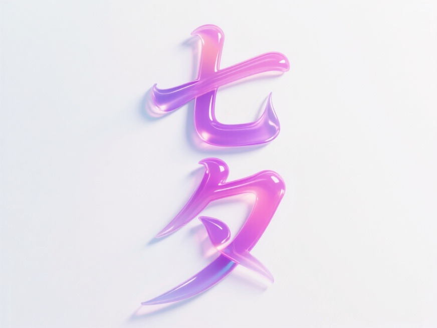 竖向字体“七夕”液态玻璃质感，酸性风格，粉紫渐变配色，白色背景，浪漫氛围预览效果