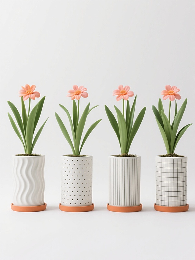 一张现代简约风格的植物盆栽系列海报，白色纯色背景，光线柔和均匀，呈现出清晰的产品摄影质感。画面中四个完全相同的盆栽植物规整排布成一行，每盆都有绿色长条形叶片和顶部盛开的橙粉色花朵，花盆形状保持一致为圆柱形，底部有橙色边缘和白色主体，但四个花盆分别具有完全不同的纹理：第一个花盆表面是流畅的波浪形纹路，第二个是均匀分布的点状图案，第三个是垂直排列的直线条纹，第四个是经典的格纹装饰。整体色彩明快清新，构图平衡对称，视觉焦点突出，能高效传达产品信息，适合家居装饰类目标受众。