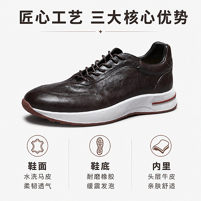[第2屏] 核心卖点总览-男士真皮休闲运动鞋三层结构解析页。本屏使用【图3】作为产品主体展示。
[氛围/风格] 简约清晰信息风，干净浅灰背景，专业商业设计感。
[元素布局] 产品主图放置在画面上半部分，占比约55%；下半部分分三栏展示核心卖点，每栏配简约图标；保证产品结构、材质、颜色与输入图一致。
[光影质感] 均匀柔光照明，产品清晰立体，文字区域干净透亮，无明显硬阴影。
[配色色系] 全局底色 #f8f8f8；主色深棕皮革，辅助色深灰文字、浅灰分隔线，图标用棕色点缀。
[视角构图] 正面微侧视角，产品居中，三分栏在下，阅读从上到下清晰流畅。
[文字版式] 顶部大标题「匠心工艺 三大核心优势」，下部分三栏：第一栏图标+文字「鞋面 水洗马皮 柔韧透气」，第二栏图标+文字「鞋底 耐磨橡胶 缓震发泡」，第三栏图标+文字「内里 头层牛皮 亲肤舒适」，每栏文字居中，图标在上文字在下，排版整齐不遮挡产品。
[比例分辨率] 3:4 竖版比例，4K分辨率，文字清晰可辨，高清画质。
[负向提示词] 结构错误，颜色偏差，文字过小，文字错乱，水印，产品变形，背景杂乱。